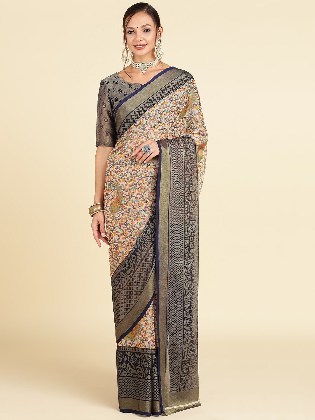 

EMV Navy Blue & Black Floral Chiffon Saree
