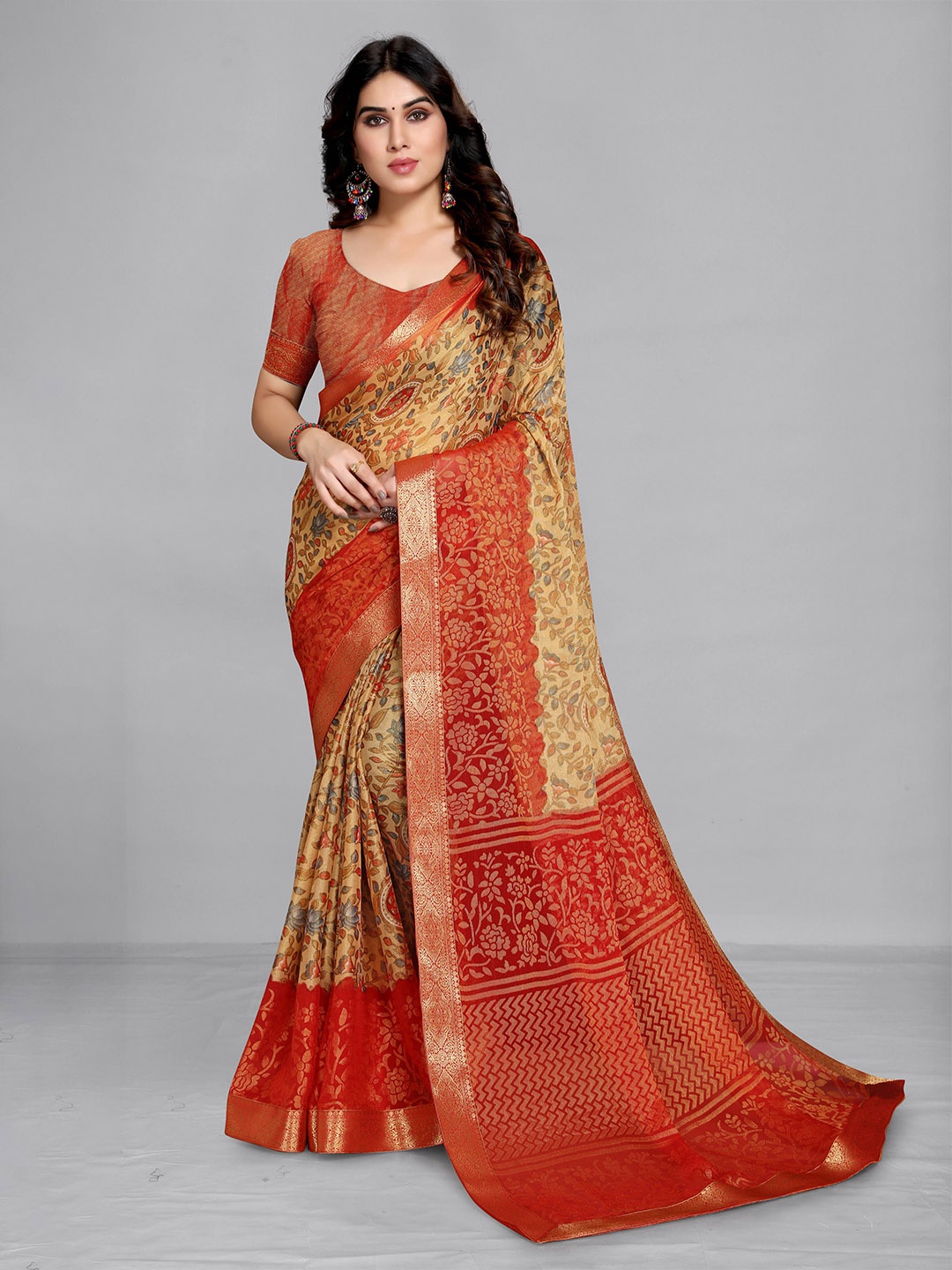 EMV Floral Printed Woven Design Zari Saree, Orange