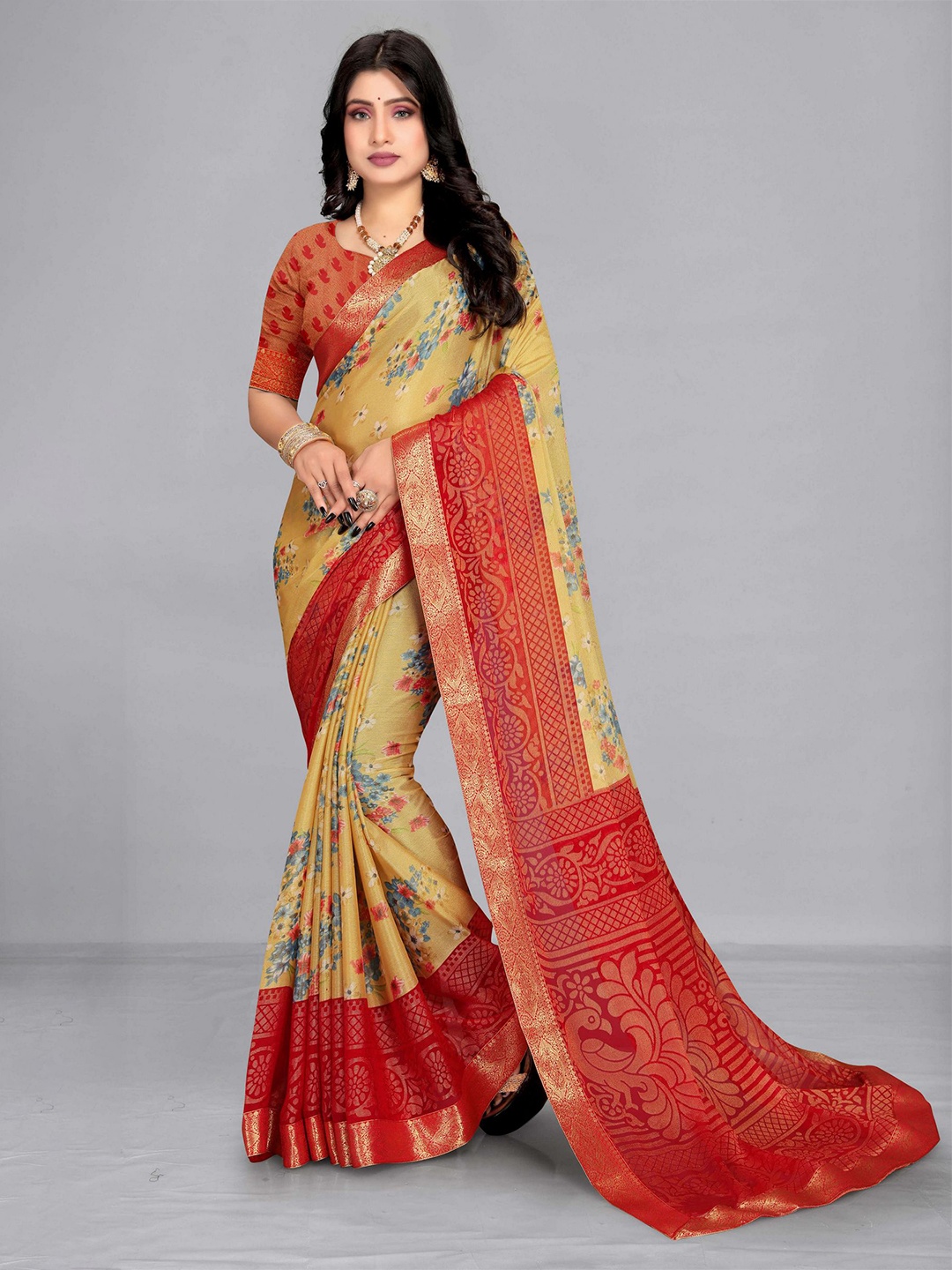 

EMV Mustard & Red Floral Printed Zari Chiffon Saree