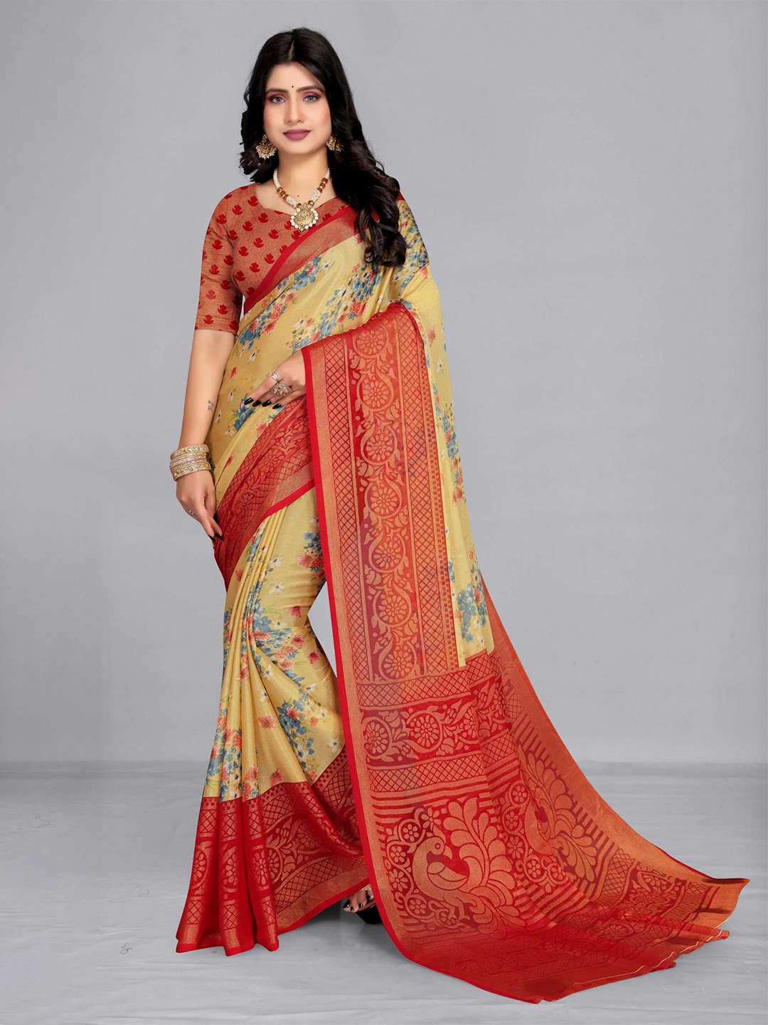 

EMV Mustard & Red Floral Print Chiffon Saree