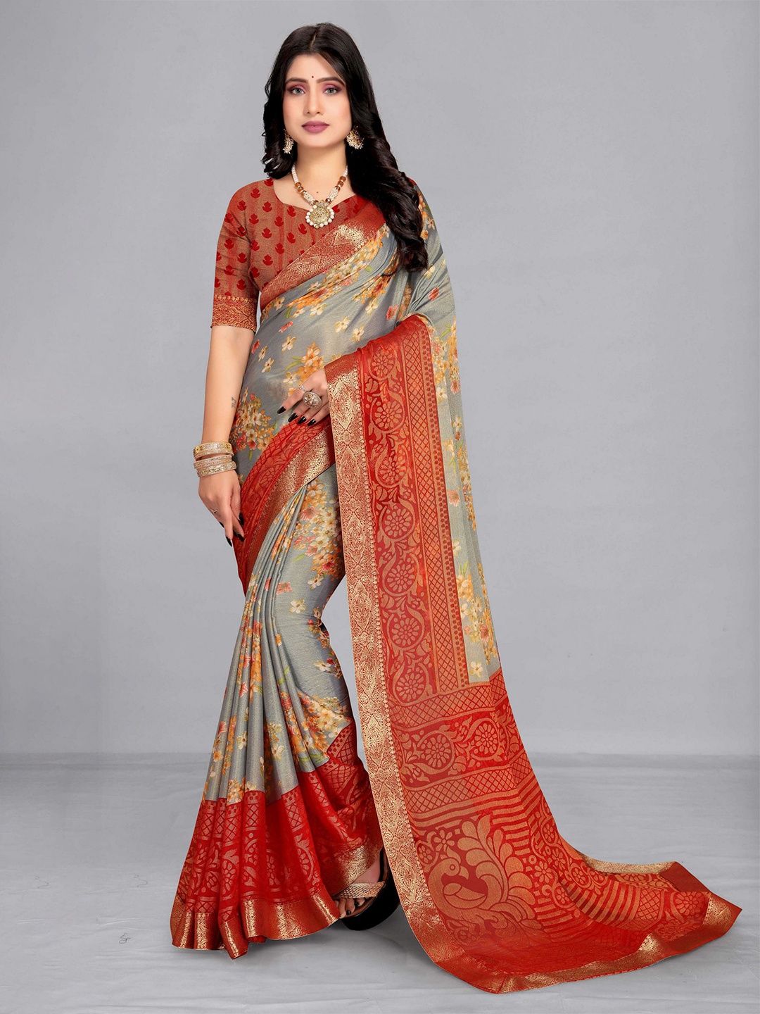 

EMV Grey & Red Floral Printed Zari Chiffon Saree