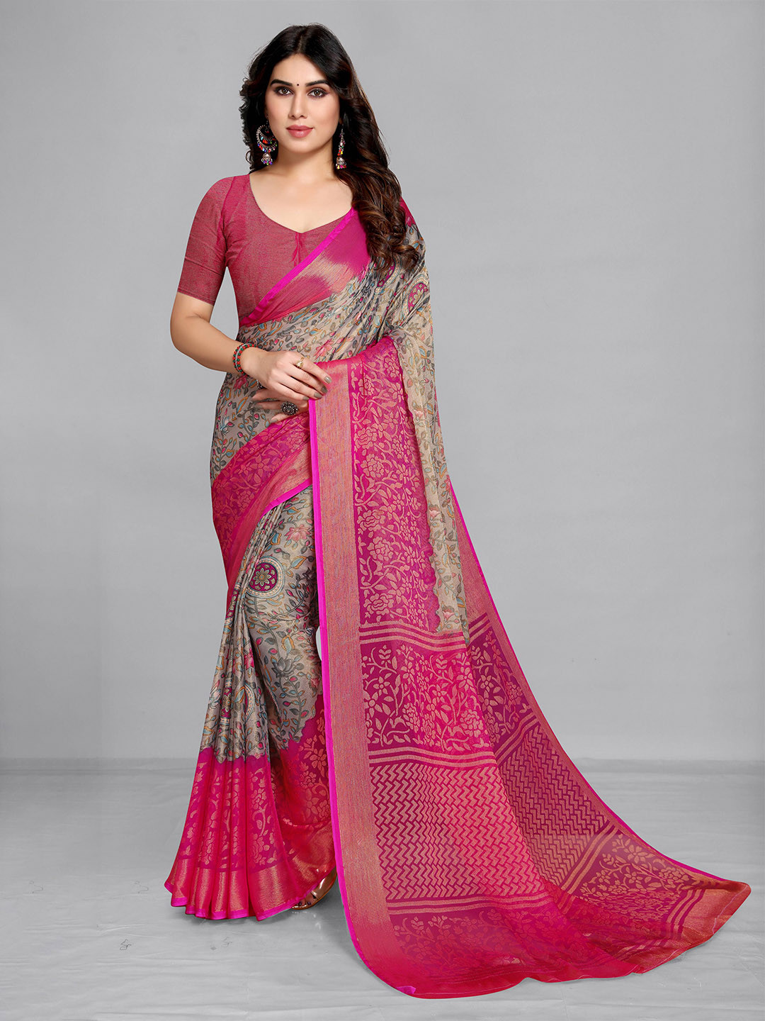 

EMV Magenta & Grey Floral Printed Chiffon Saree
