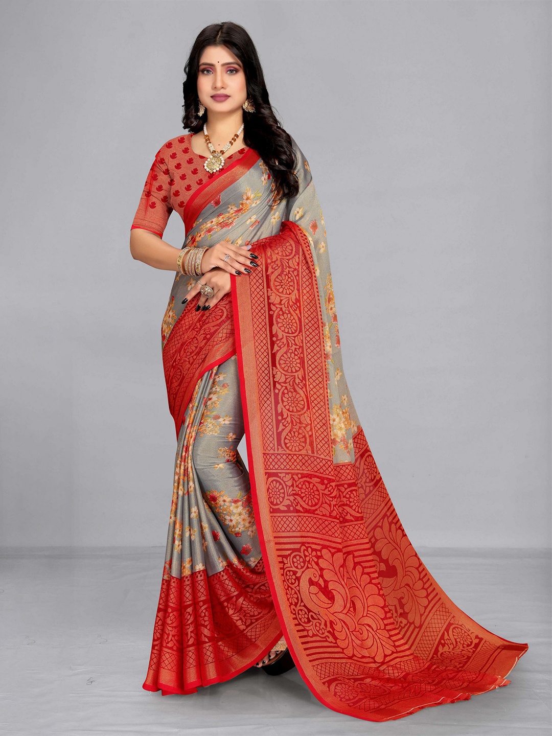 

EMV Grey & Red Floral Printed Chiffon Designer Saree