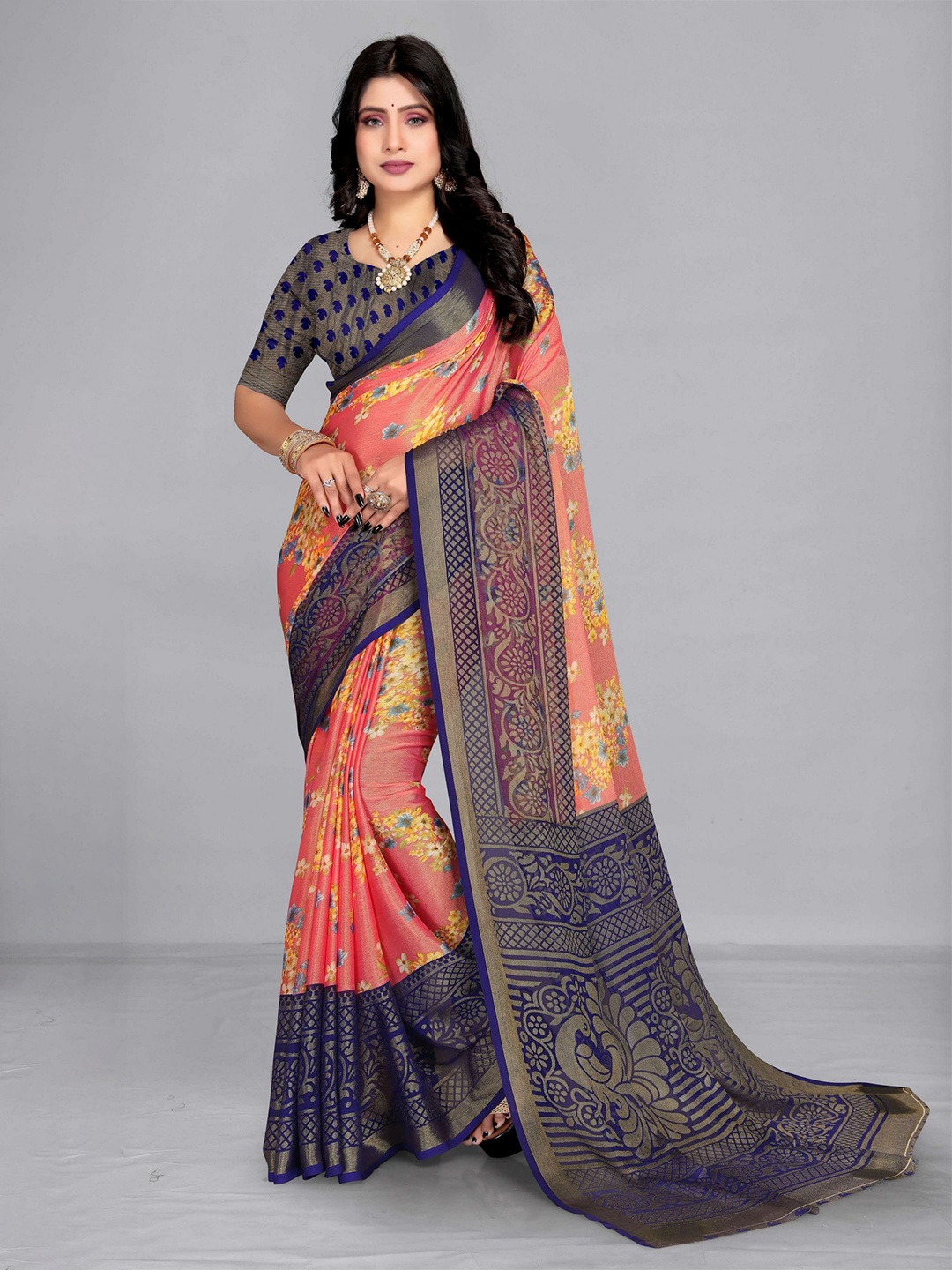 

EMV Peach Coloured & Blue Floral Printed Chiffon Saree