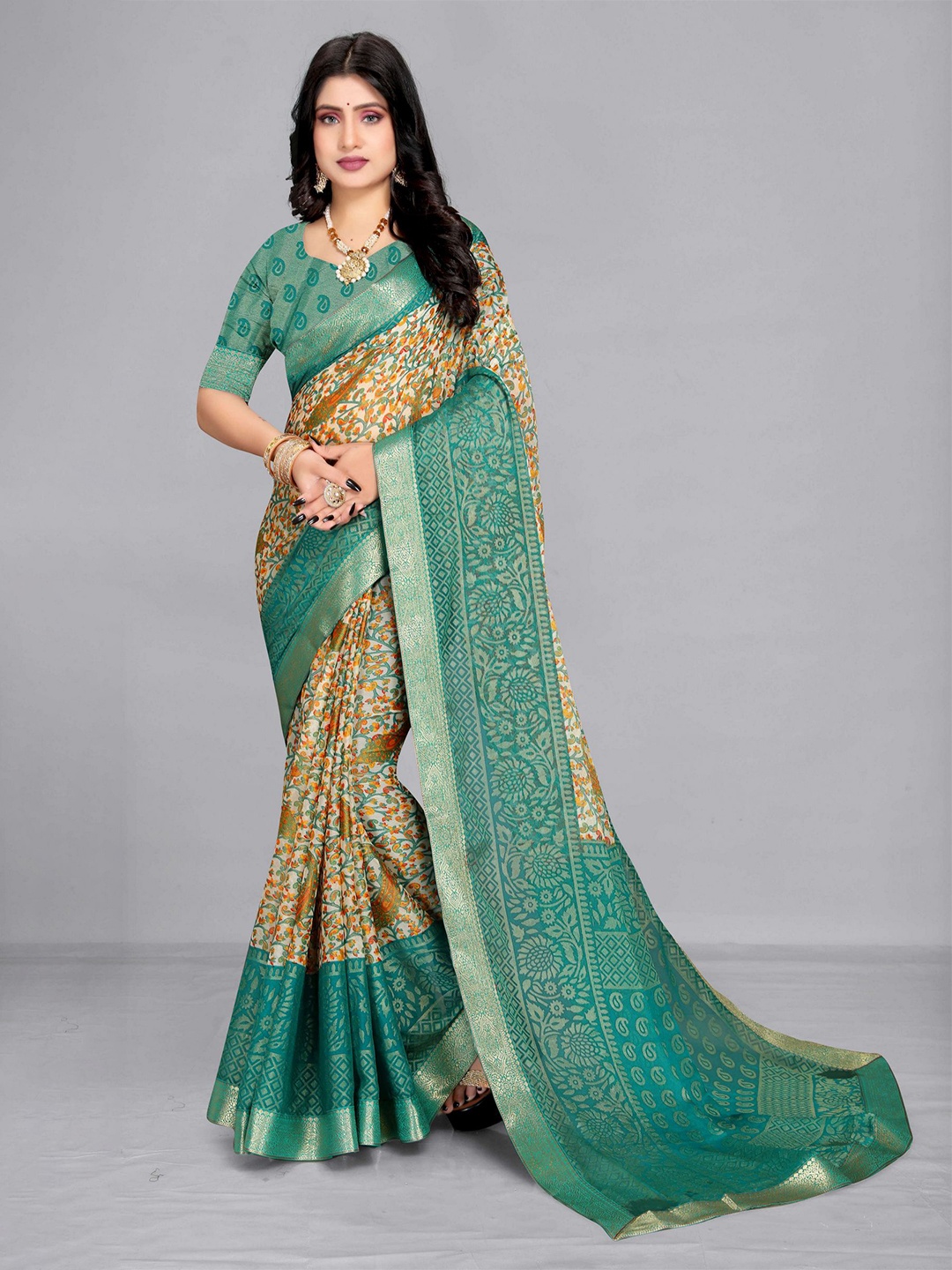 

EMV Floral Printed Woven Design Saree, Teal