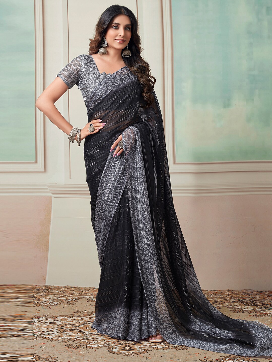 KALINI Striped Zari Saree, Black