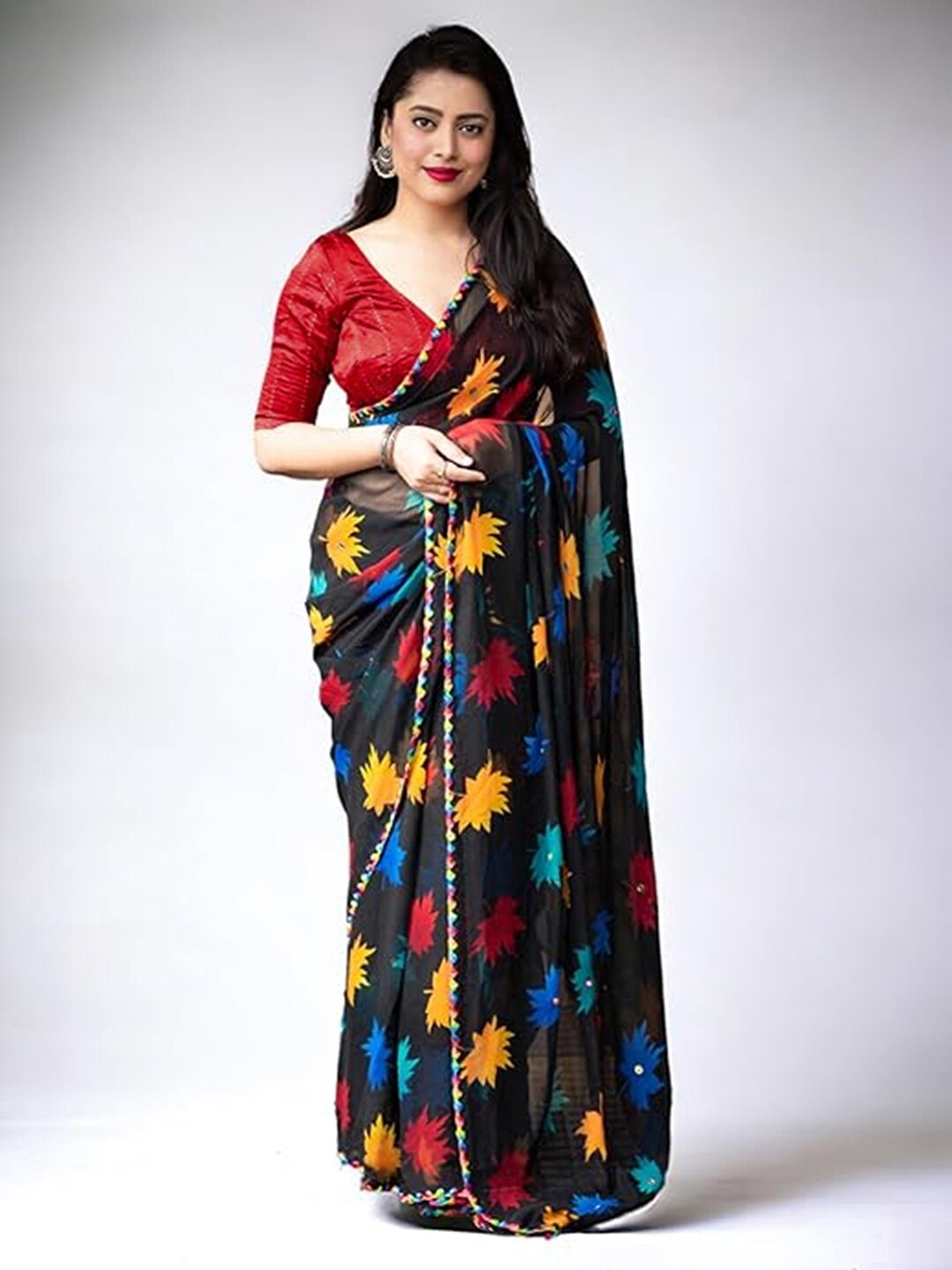 

KALINI Floral Printed Mirror Work Saree, Black