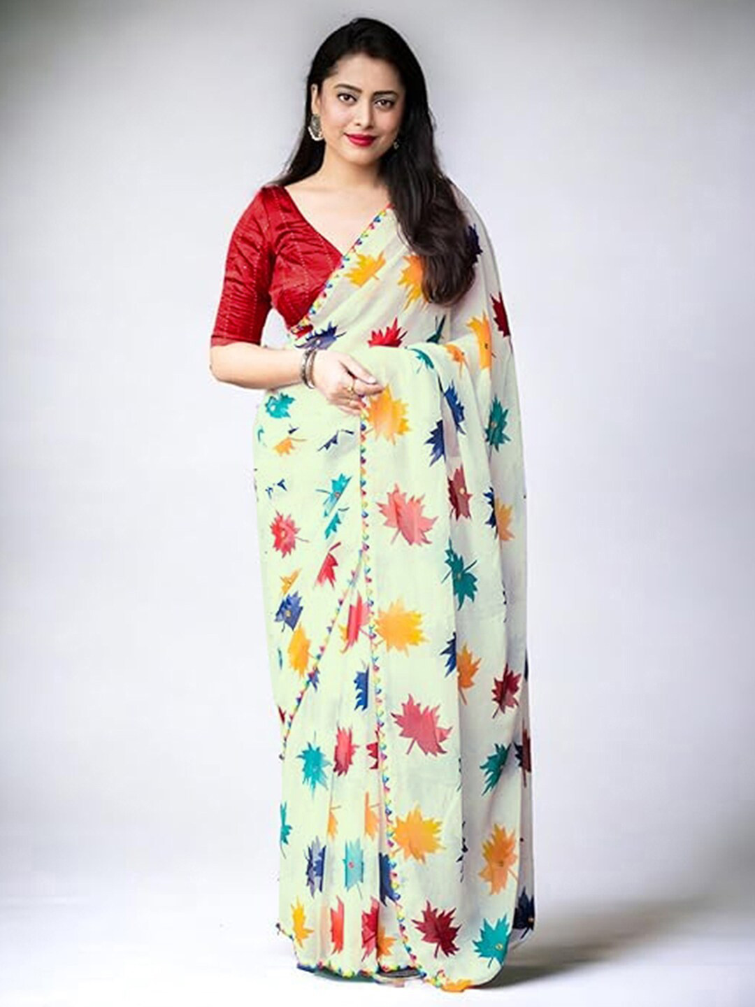 

KALINI Floral Printed Mirror Work Saree, White