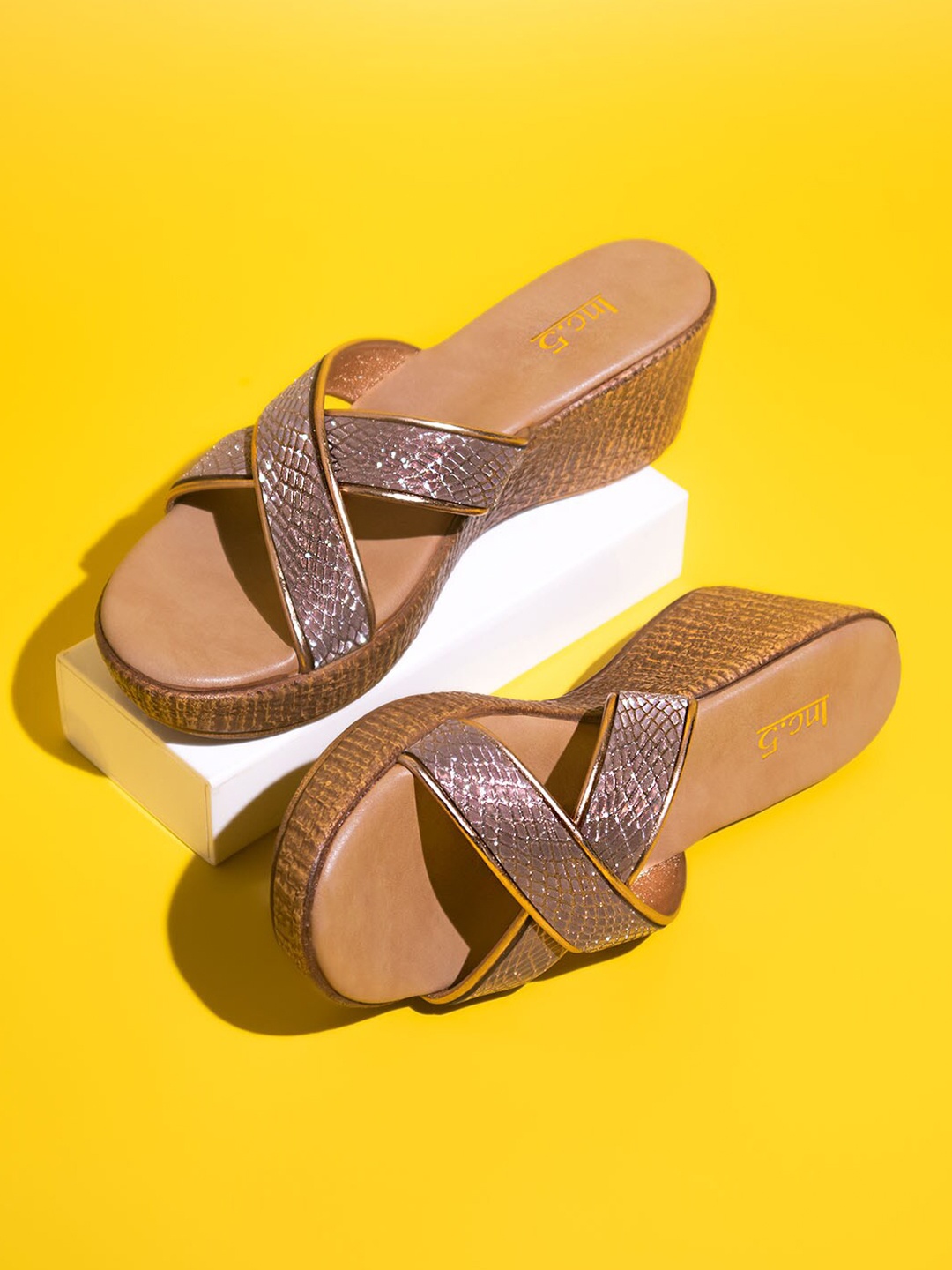 

Inc 5 Embellished Open Toe Wedge Heels, Rose gold