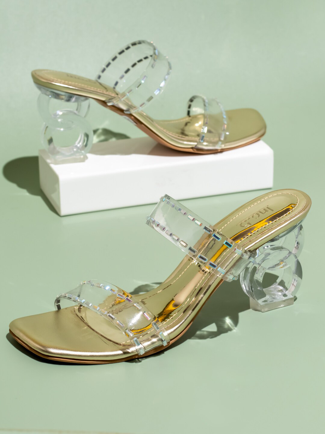 

Inc 5 Embellished Open Toe Block Heels, Gold