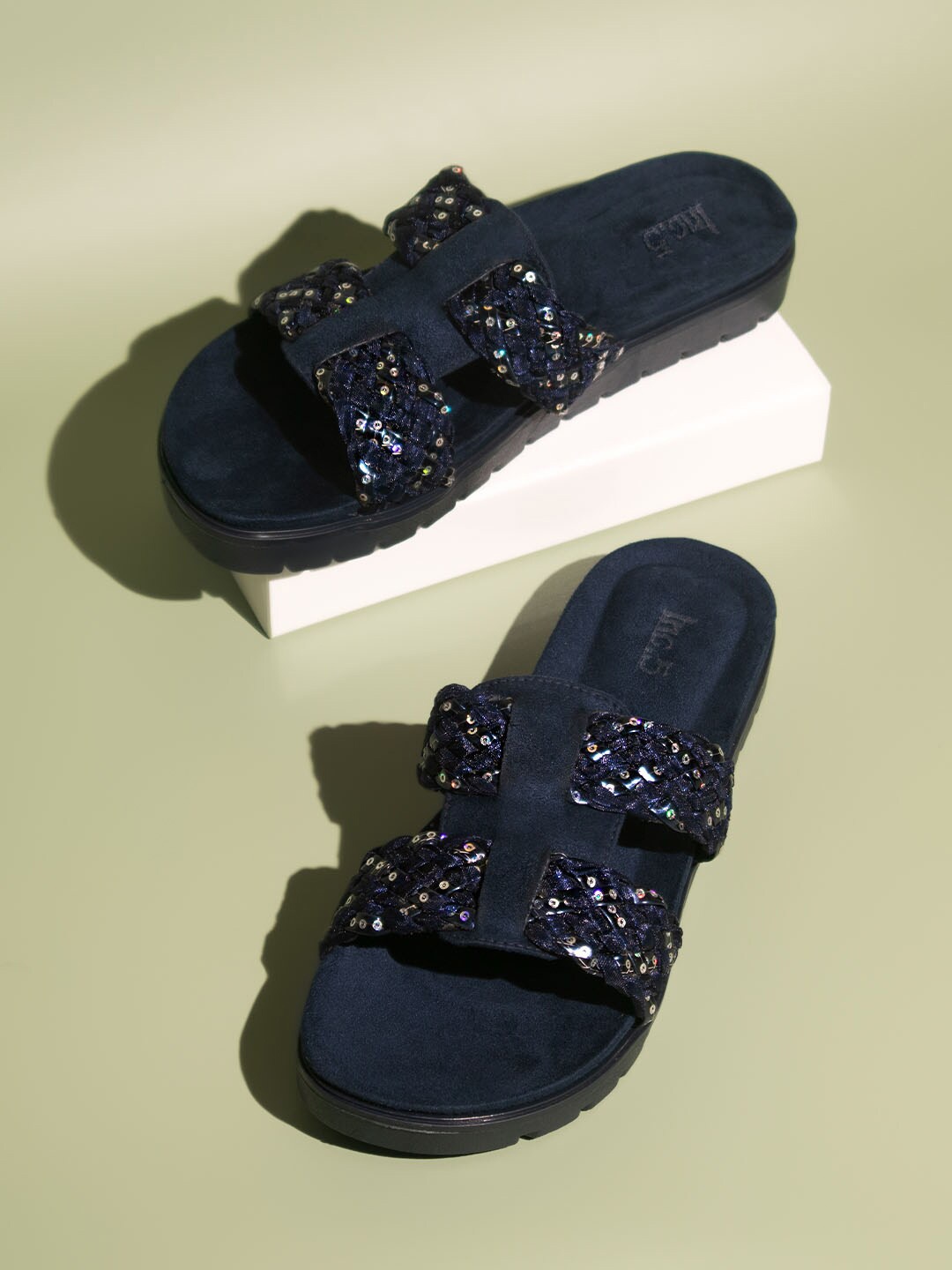 

Inc 5 Embellished Open Toe Flatforms Heels, Navy blue