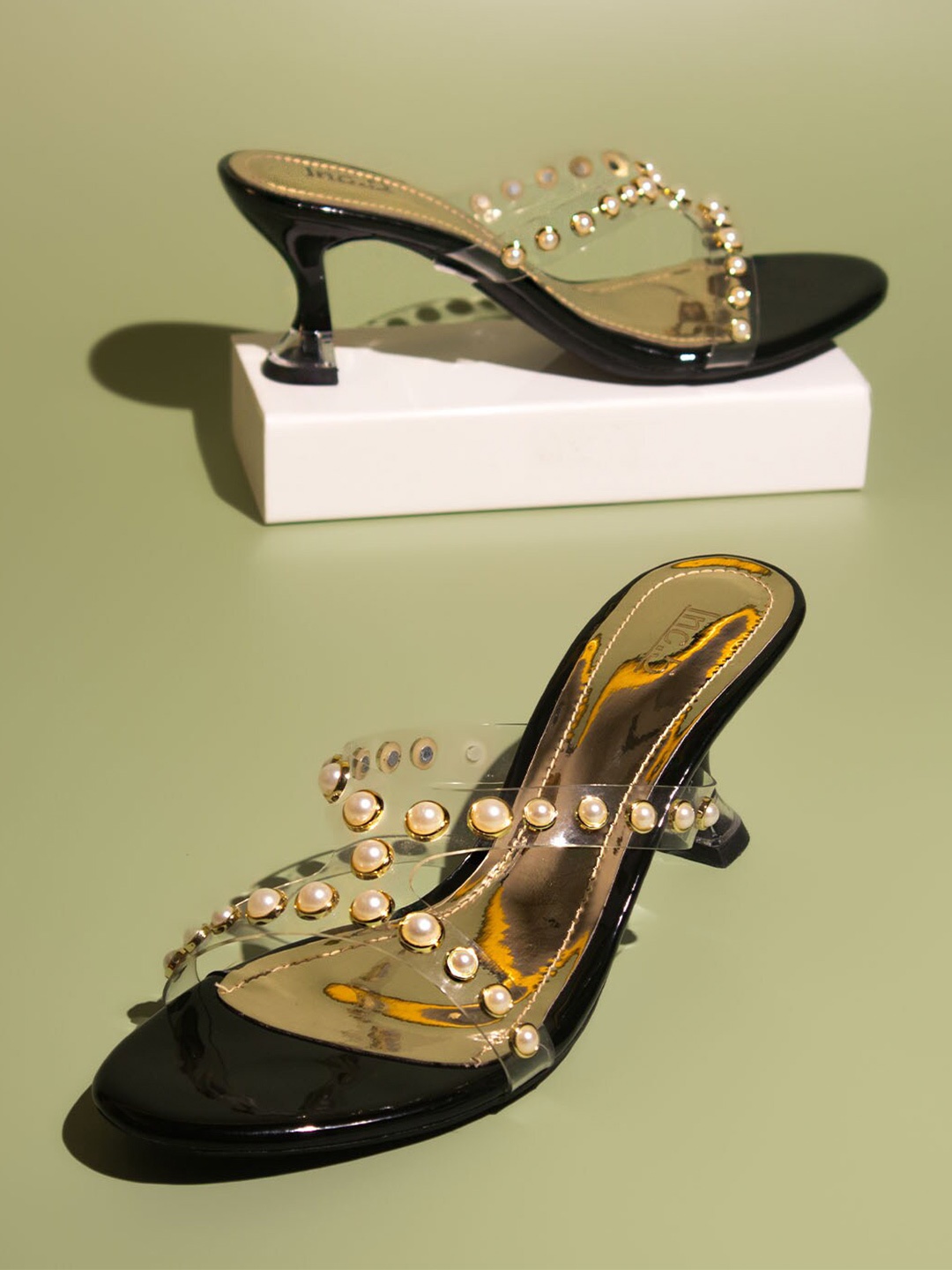 

Inc 5 Black Embellished Open Toe Block Heels