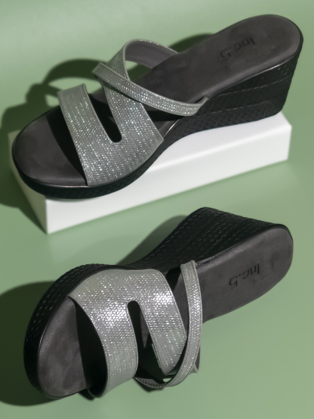 

Inc 5 Embellished Open Toe Wedge Heels, Metallic