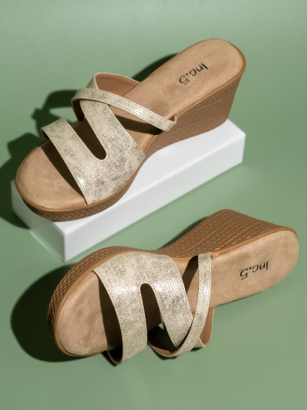 

Inc 5 Embellished Open Toe Wedge Heels, Gold