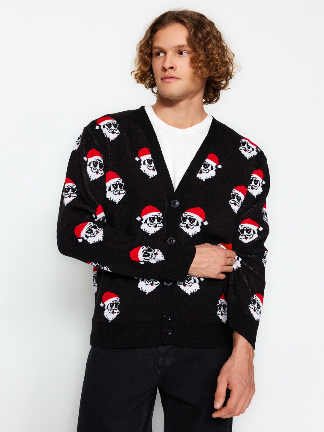 

Trendyol Humour and Comic Printed V-Neck Cardigan Sweater, Black