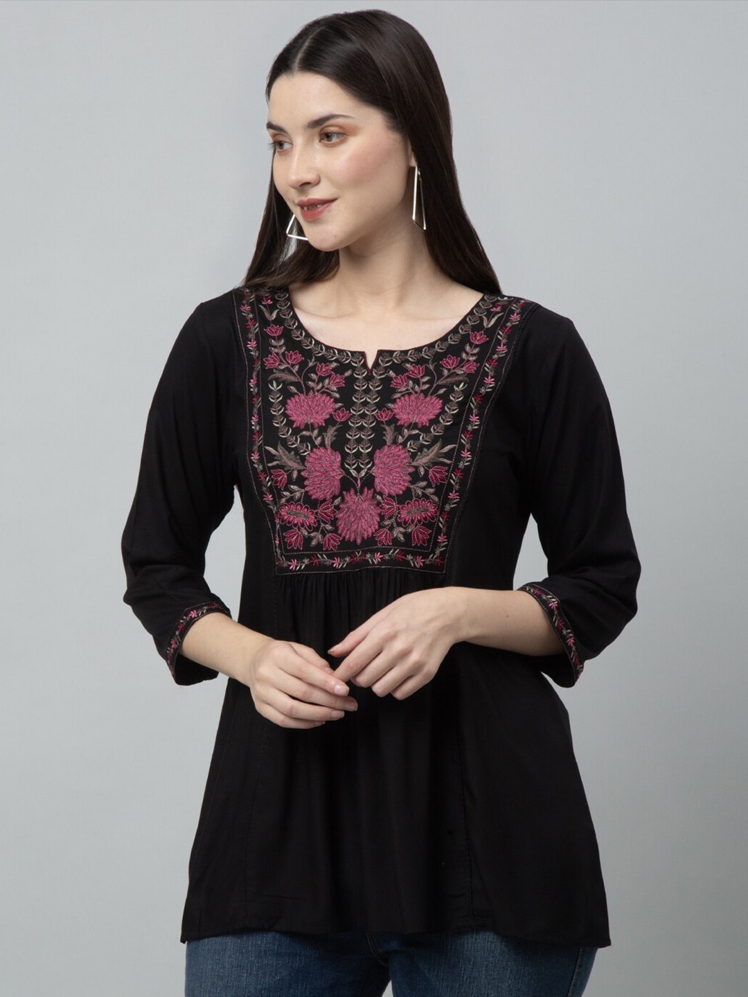 

GRACIT Floral Embroidery Round Neck Three-Quarter Flared Sleeves Top, Black