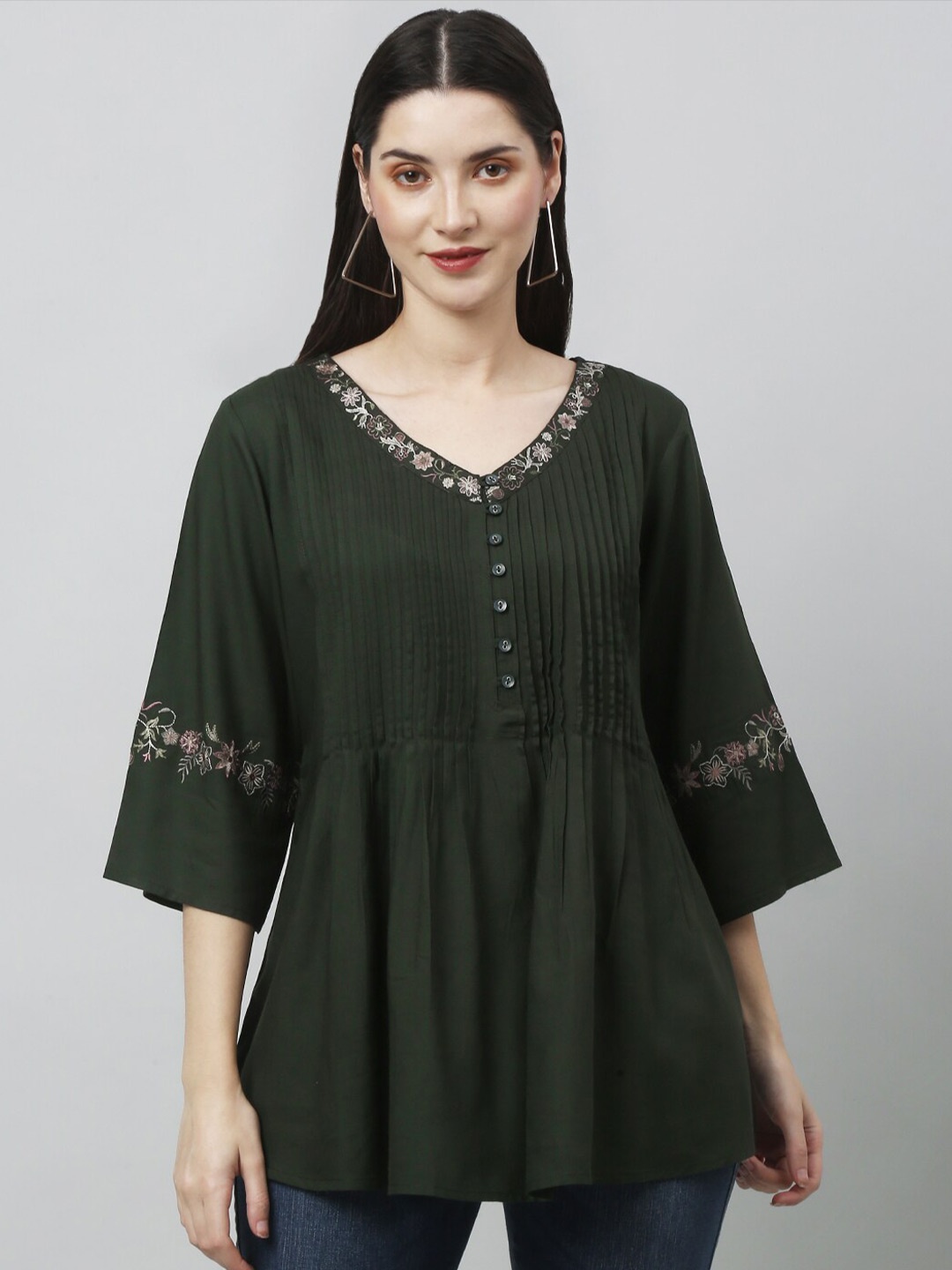 

GRACIT Floral Embroidery V Neck Three-Quarter Flared Sleeves Top, Olive