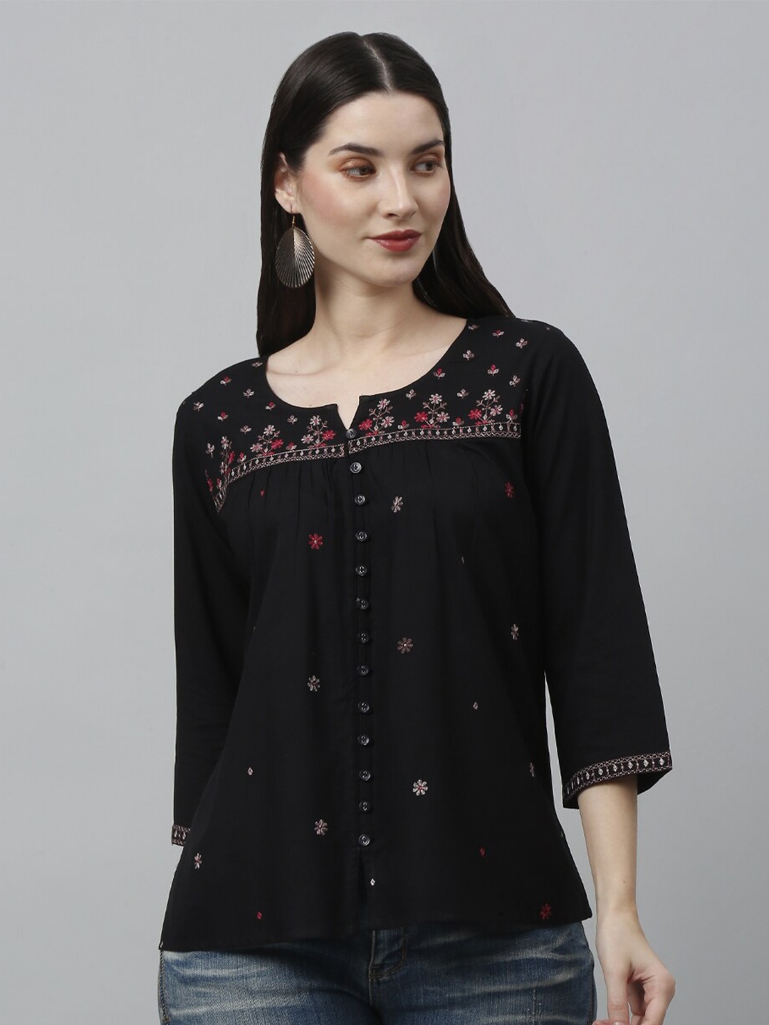 

GRACIT Floral Embroidery Round neck Three-Quarter Sleeves Top, Black