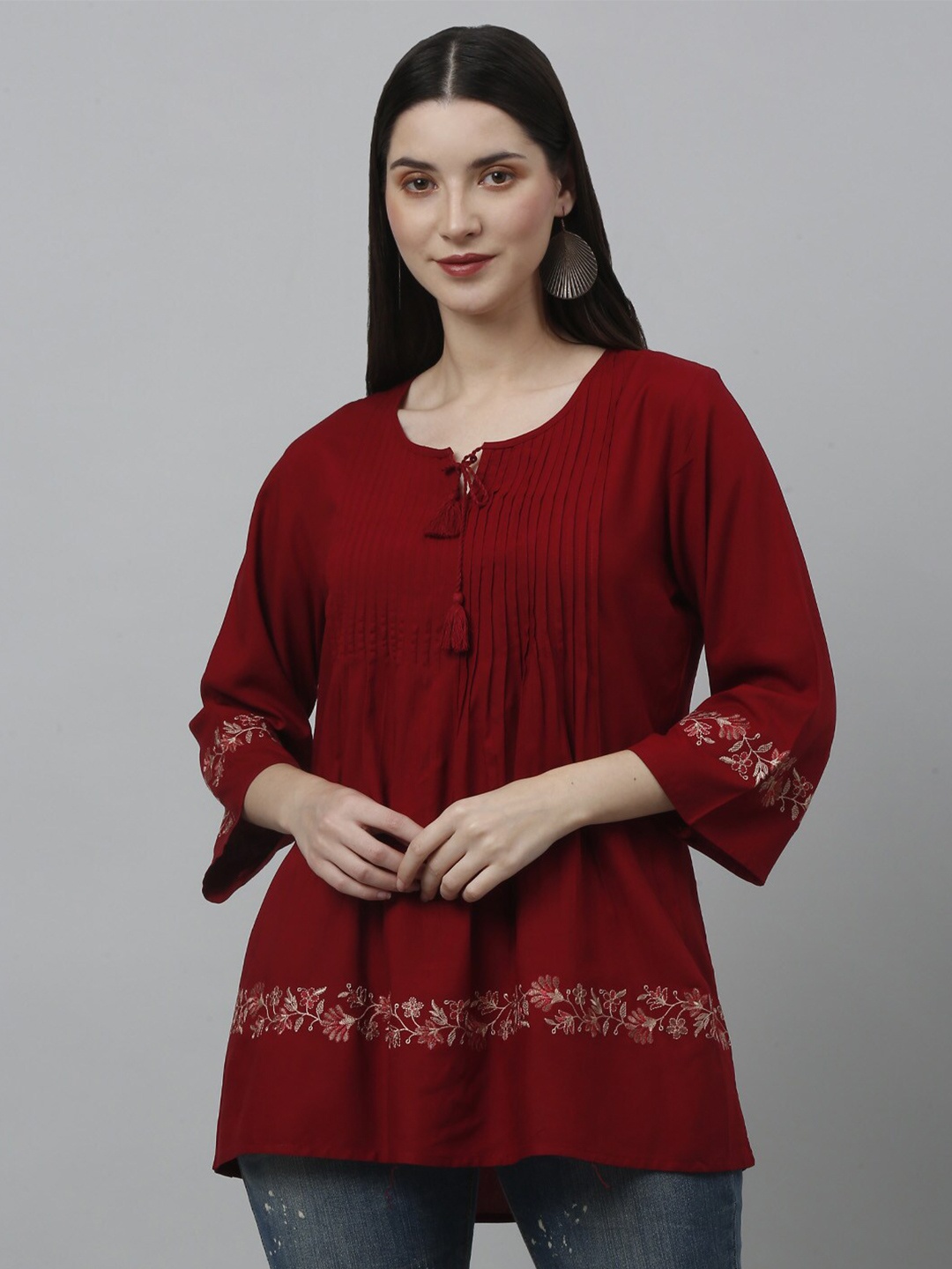 

GRACIT Floral Embroidery Tie Up Neck Three-Quarter Sleeves Top, Maroon