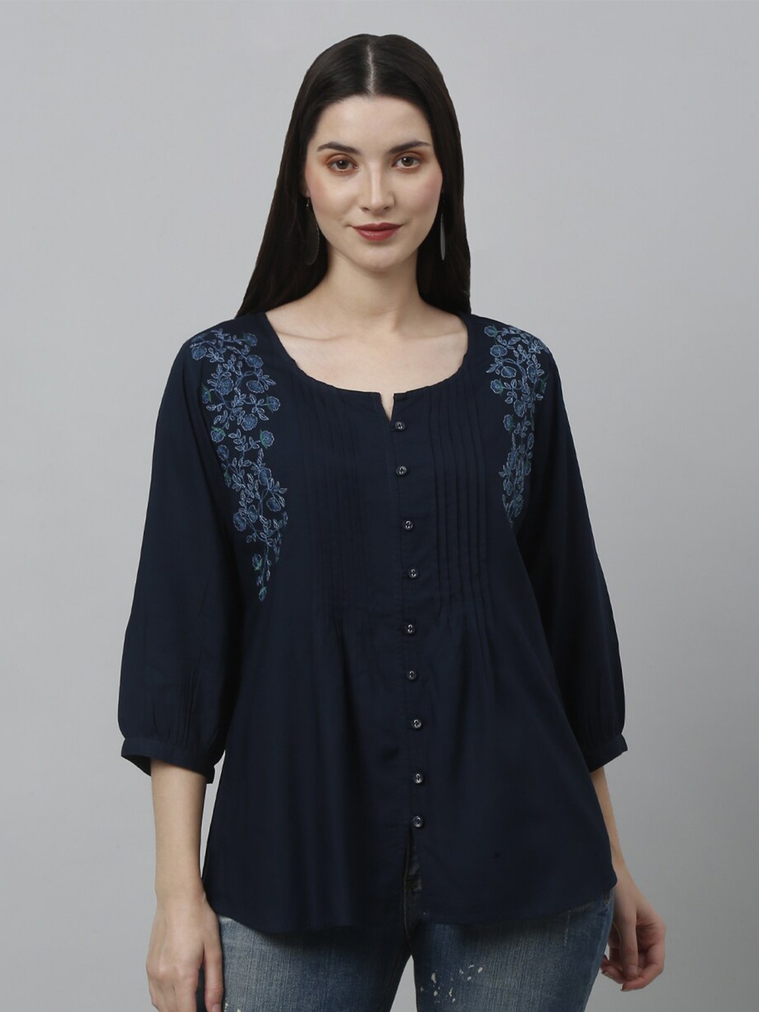 

GRACIT Floral Embroidery Round Neck Three-Quarter Puff Sleeves Top, Navy blue
