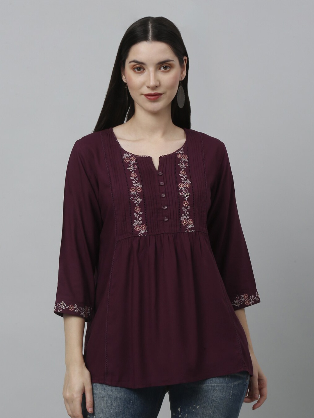 

GRACIT Floral Embroidery Round Neck Three-Quarter Sleeves Ethnic Top, Burgundy