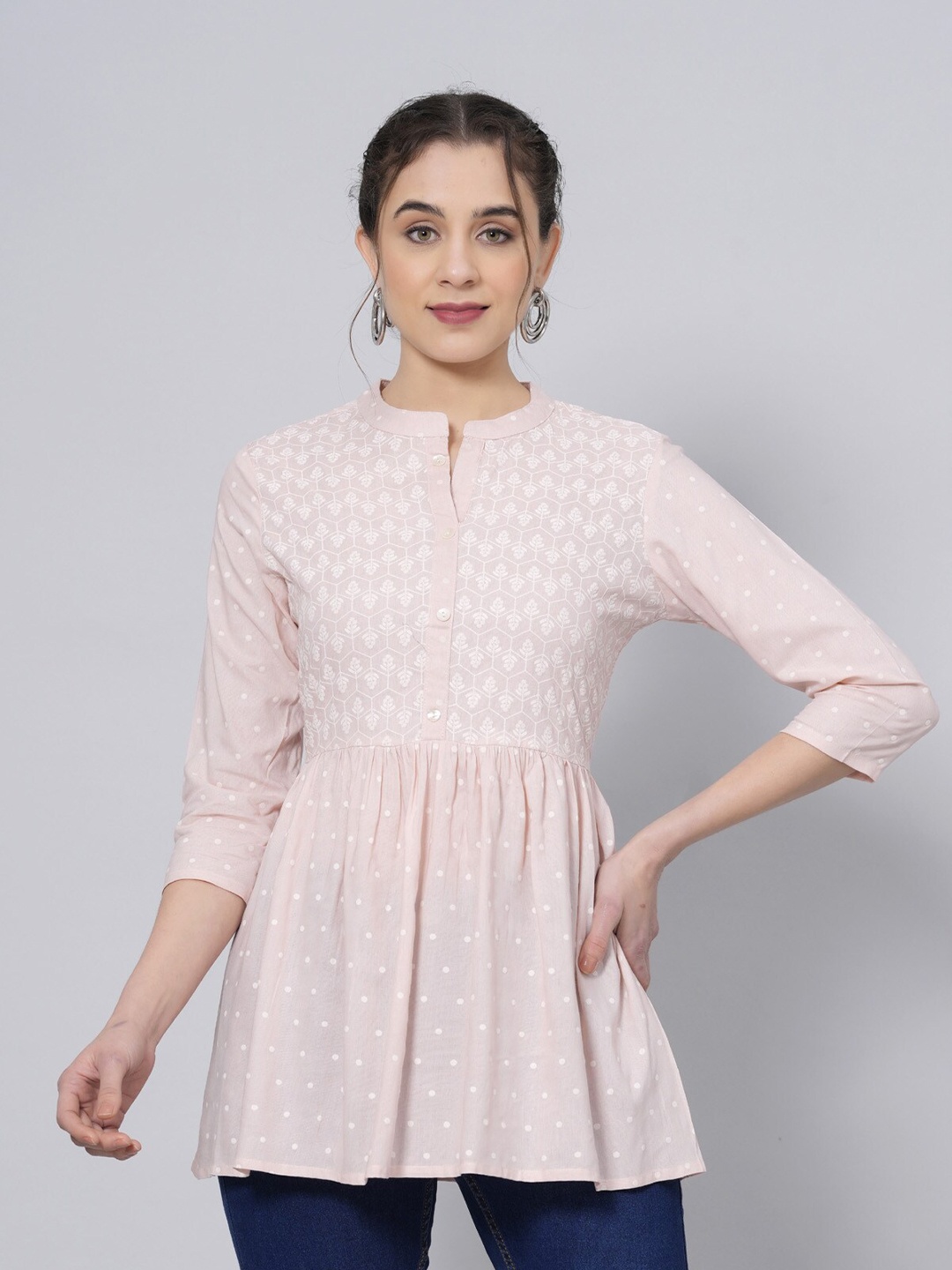 

BAESD Floral Print Mandarin Collar Ethnic Empire Top, Peach