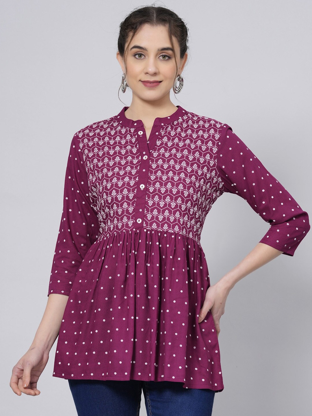 

BAESD Floral Printed Opaque Mandarin Collar Flared A-line Top, Purple