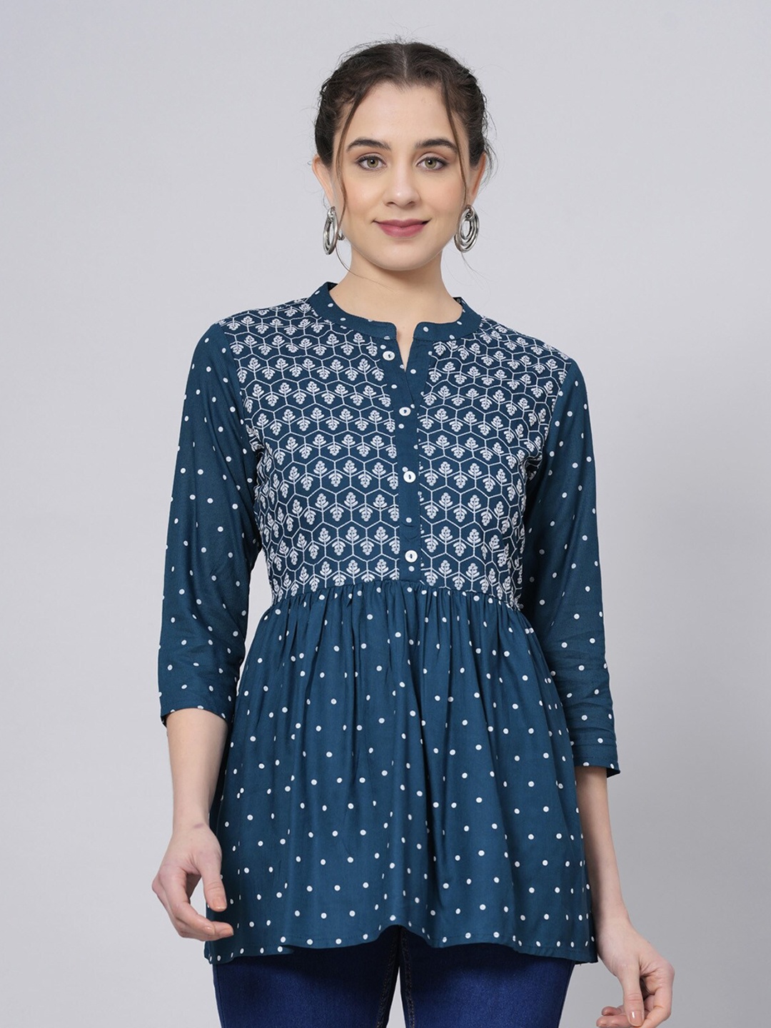 

BAESD Floral Printed Mandarin Collar Flared A-line Top, Teal
