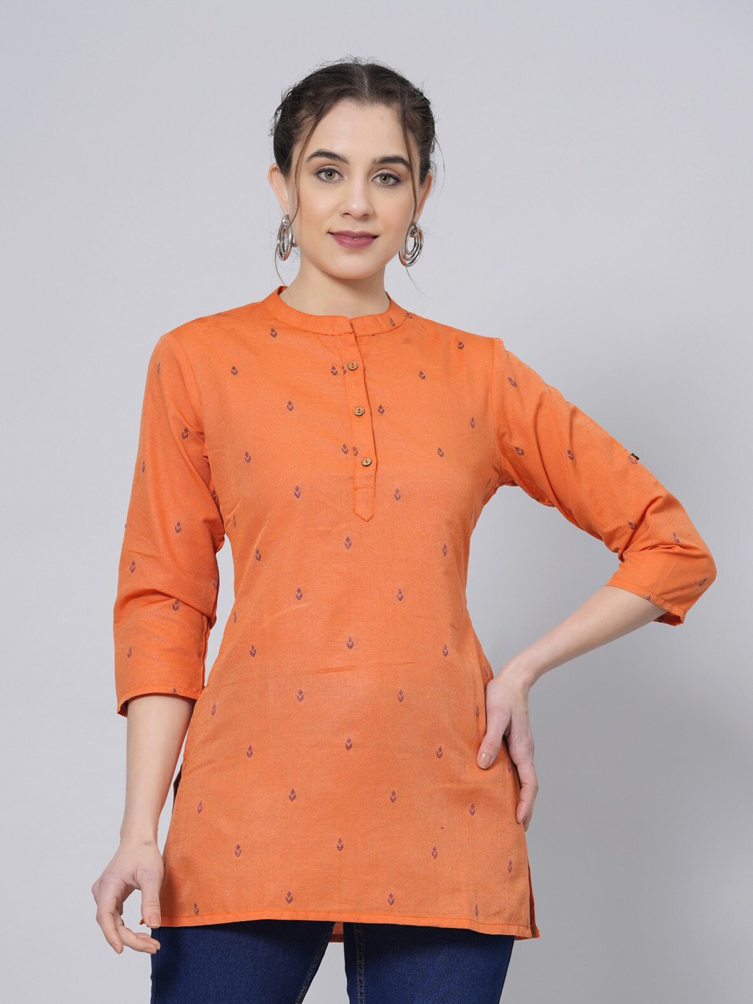 

BAESD Floral Print Mandarin Collar Ethnic Cotton Shirt Style Top, Orange