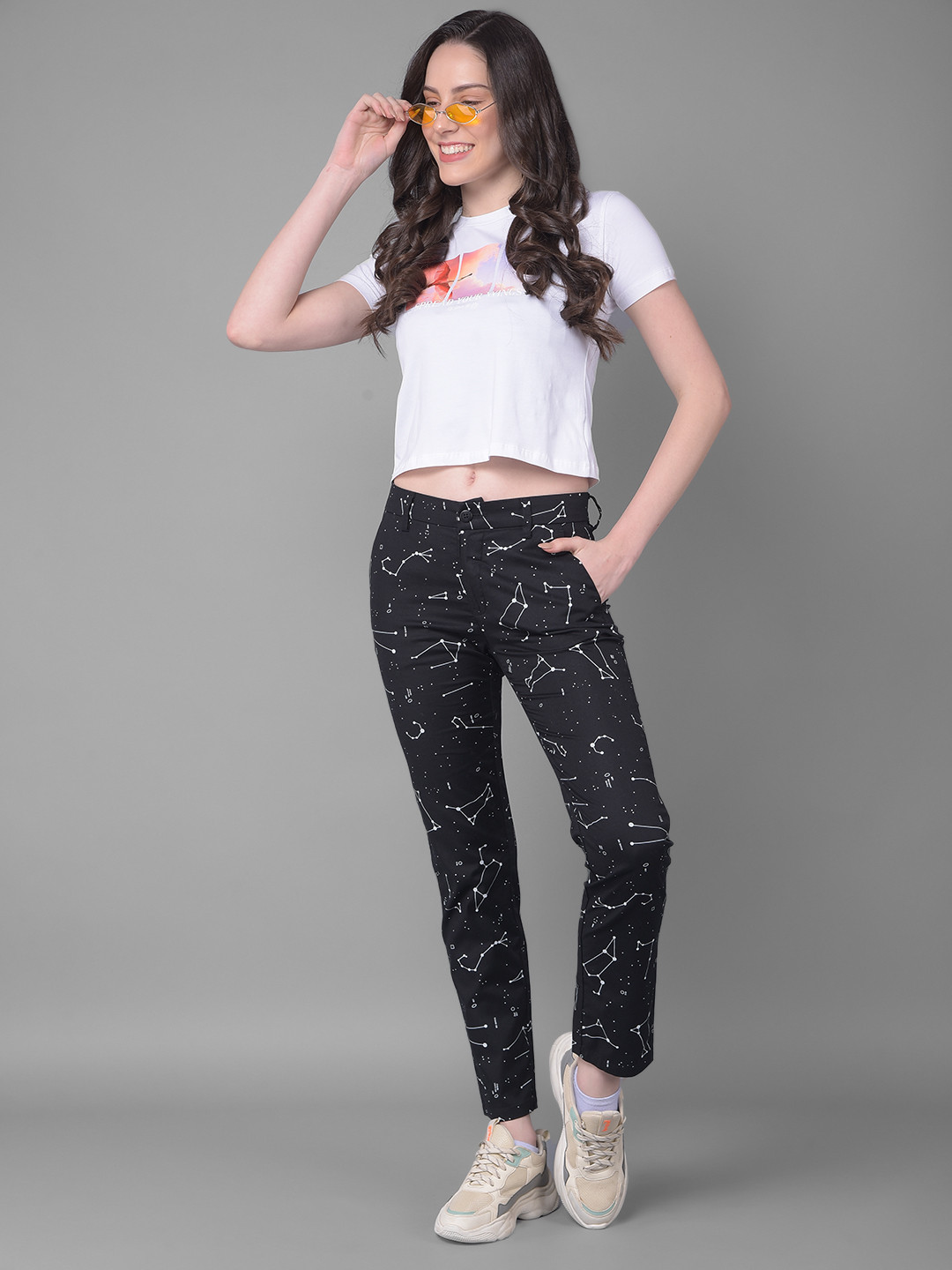 

Crimsoune Club Women Abstract Printed Slim Fit Trousers, Black