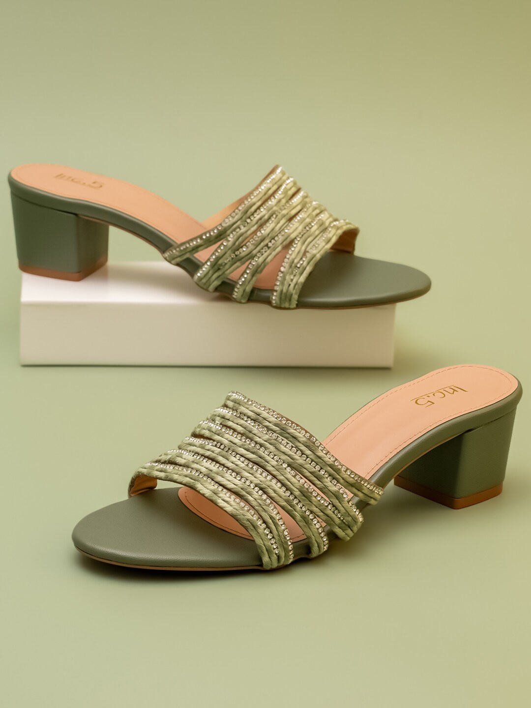 

Inc 5 Embellished Open Toe Block Heels, Green