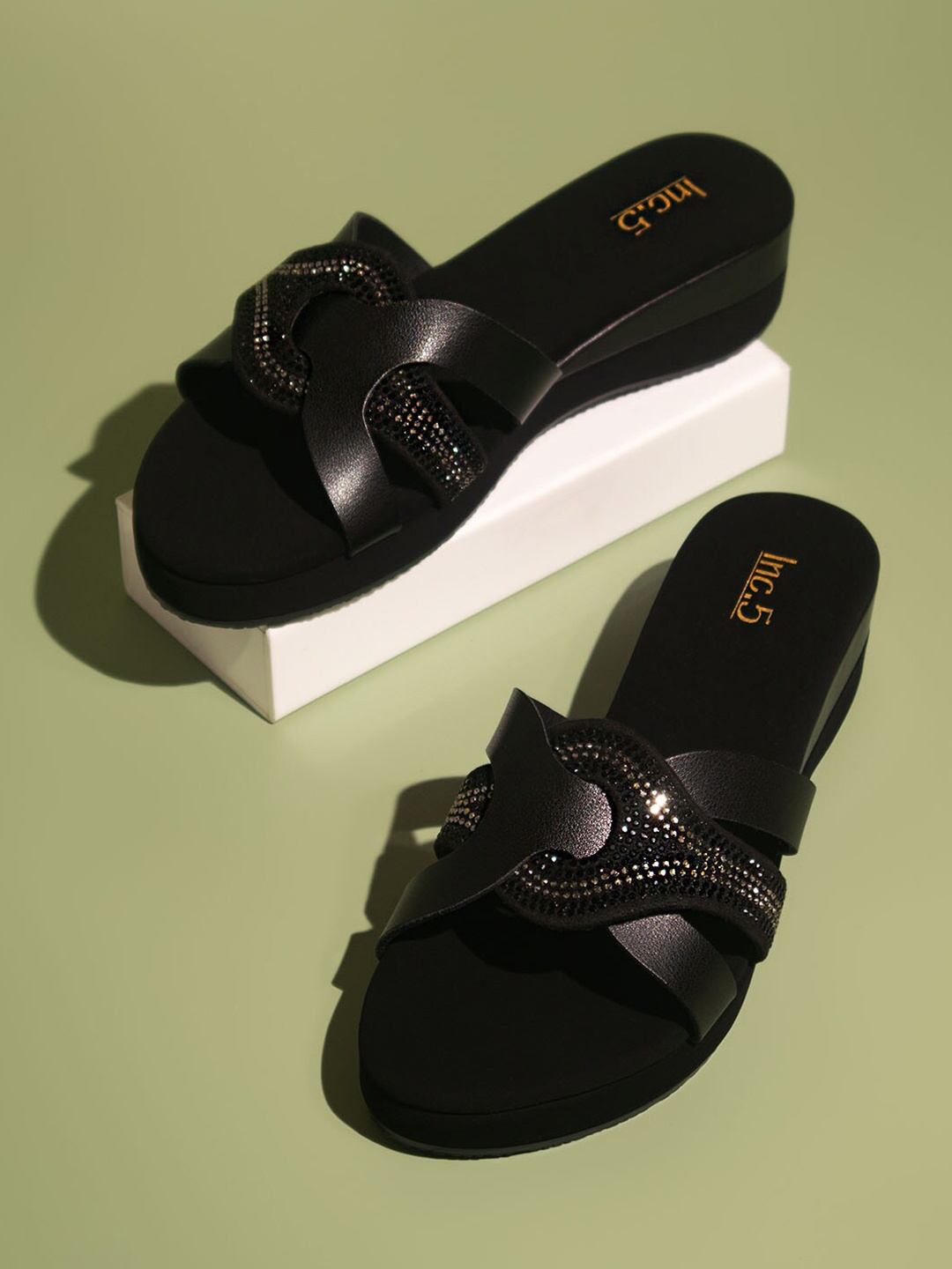 

Inc 5 Embellished Open Toe Wedge Heels, Black