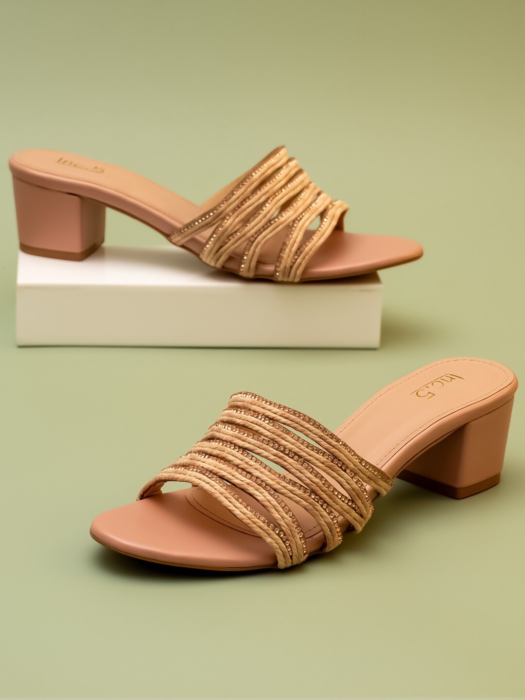 

Inc 5 Embellished Open Toe Block Heels, Peach