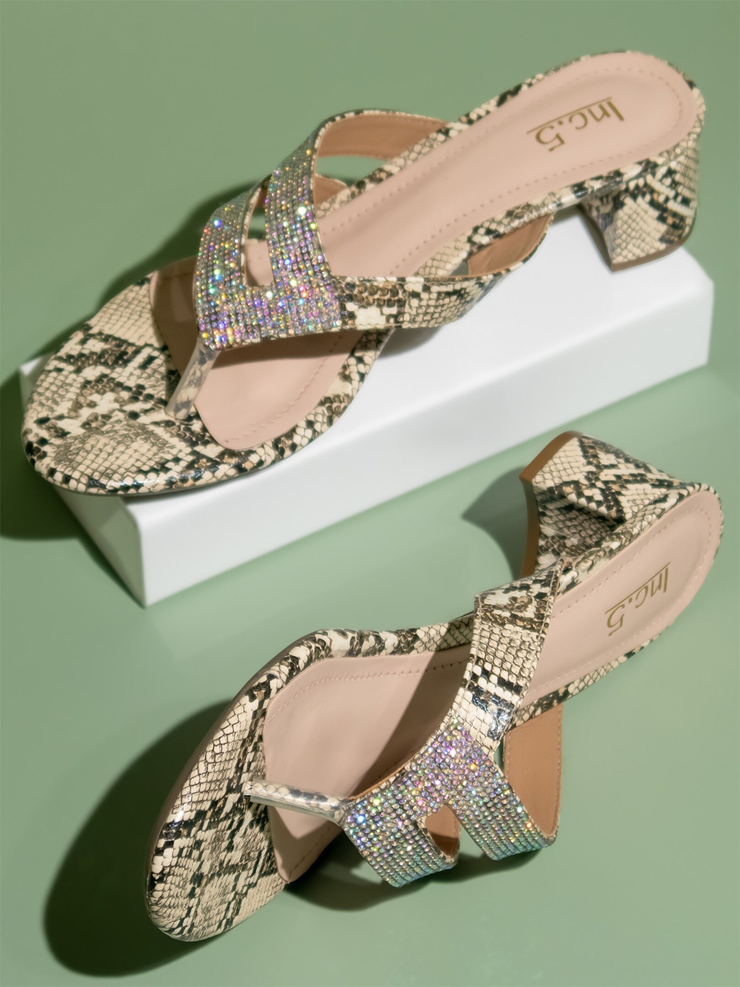 

Inc 5 Open Toe Printed Embellished Detail Block Heels, Beige