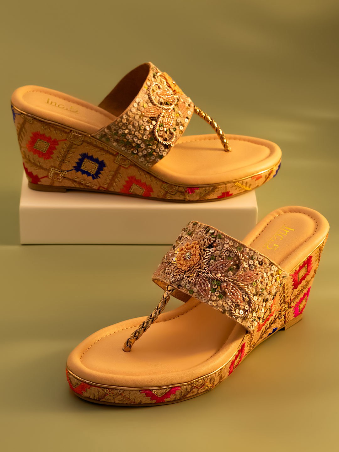

Inc 5 Embellished Open Toe Wedge Heels, Gold