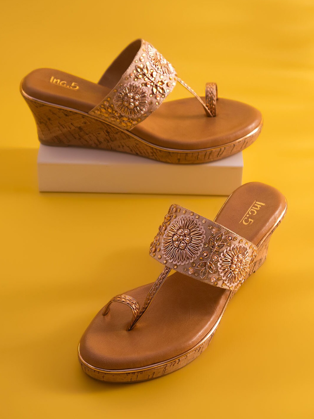 

Inc 5 Embellished Open Toe Wedge Heels, Gold