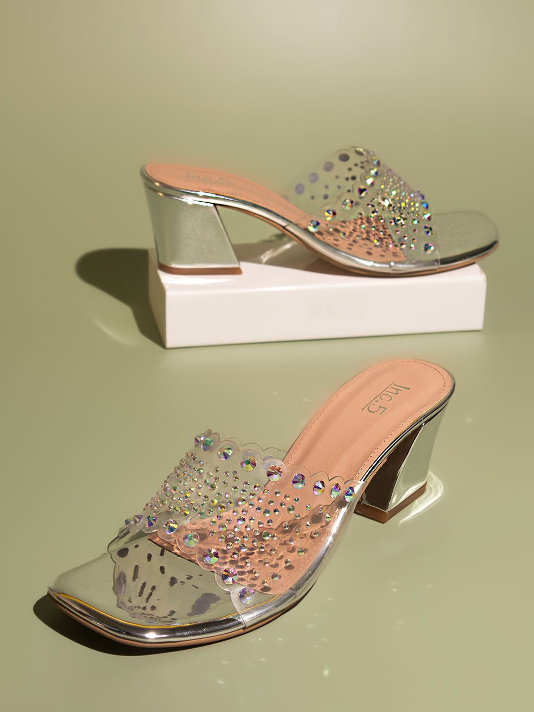

Inc 5 Embellished Open Toe Block Heels, Silver