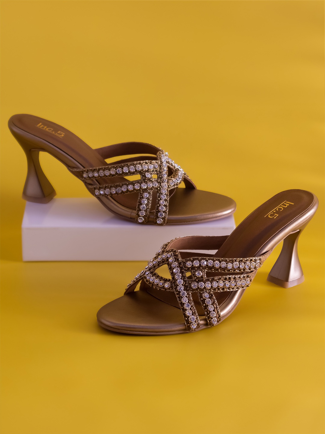 

Inc 5 Embellished Open Toe Block Heels, Gold