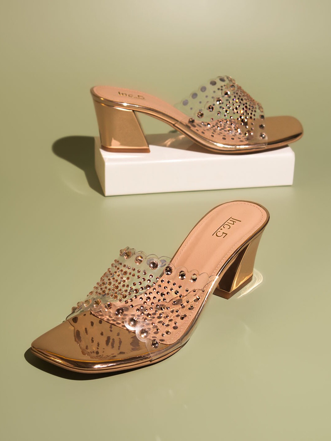 

Inc 5 Embellished Open Toe Block Heels, Gold