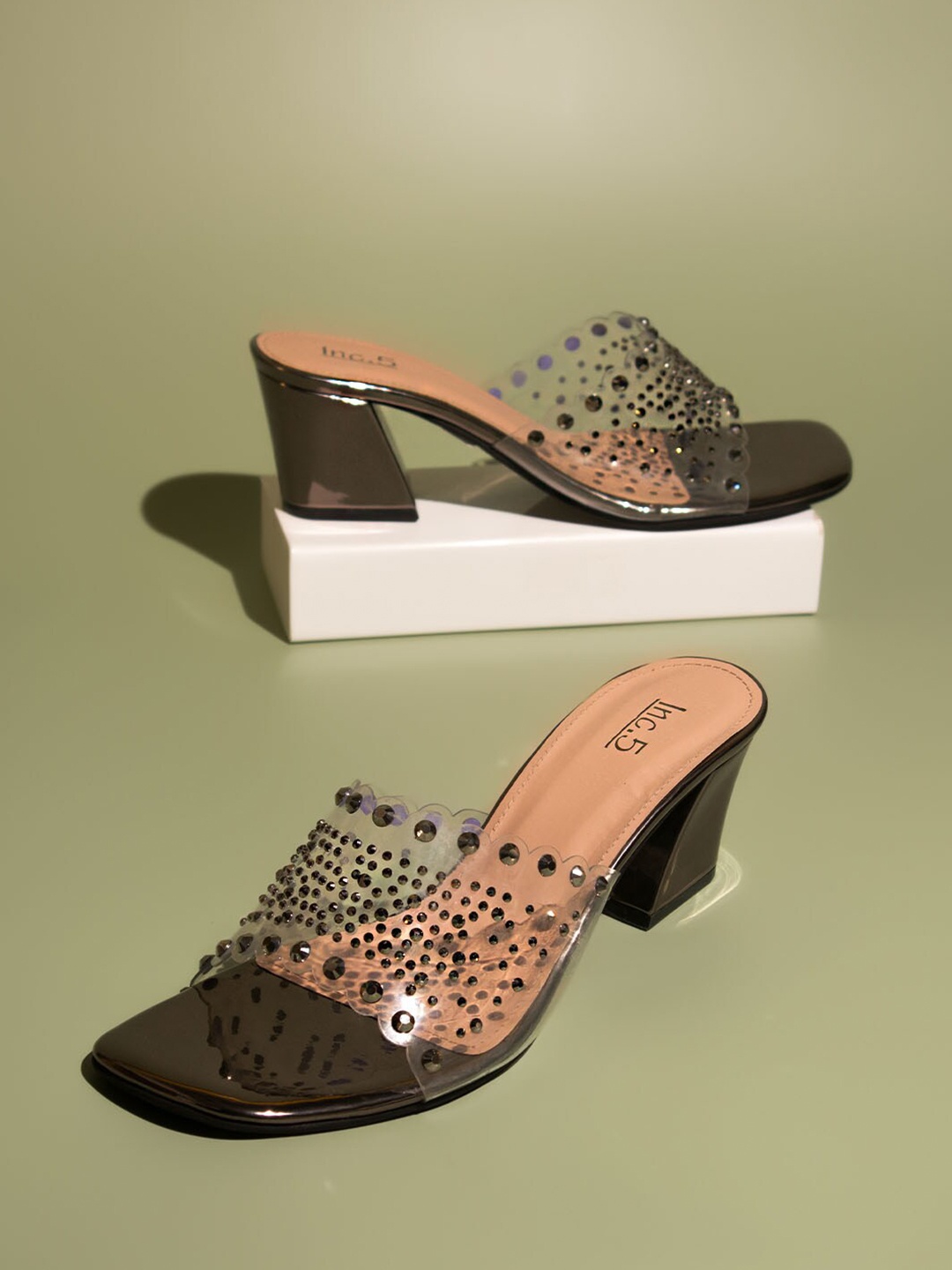 

Inc 5 Embellished Open Toe Block Heels, Metallic