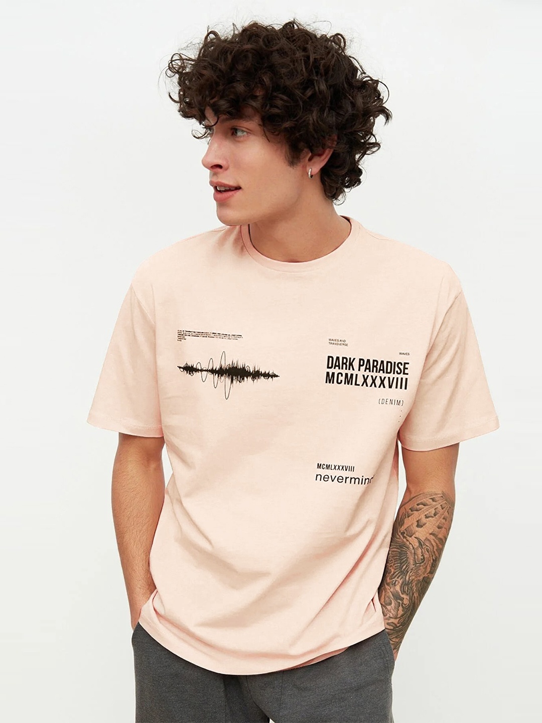 

Trendyol Typography Printed Round Neck Cotton T-shirt, Beige