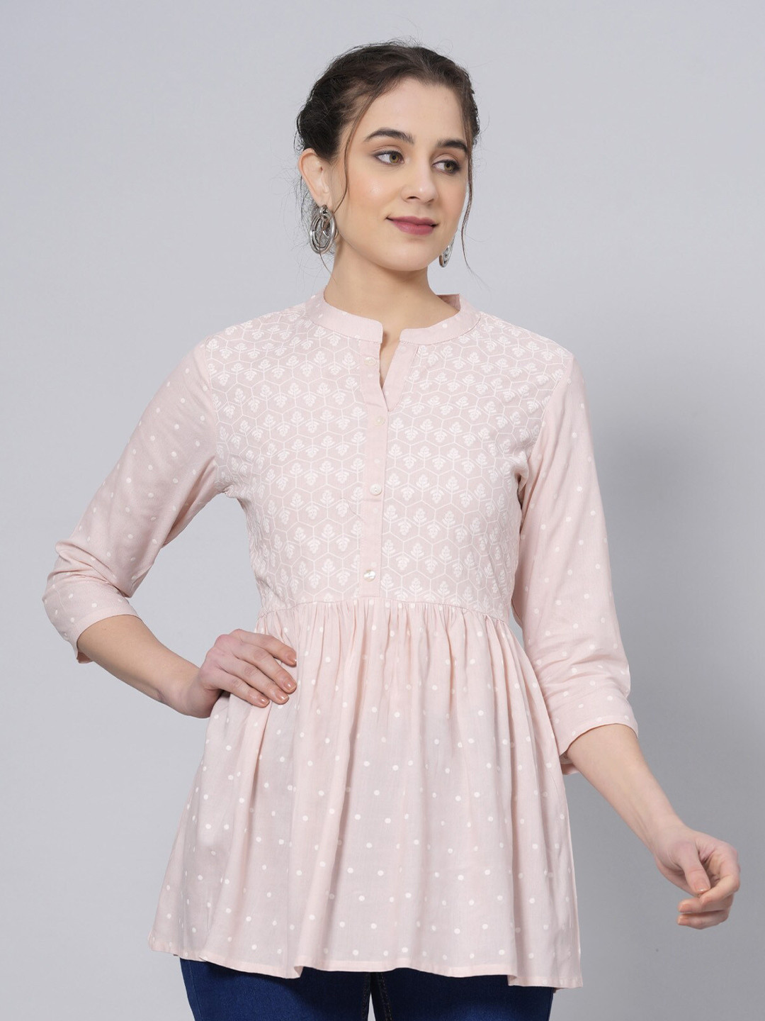 

PREKSHA Polka Dots Printed Mandarin Collar Ethnic Empire Top, Peach