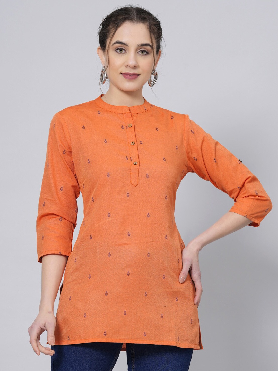 

PREKSHA Printed Mandarin Collar Ethnic Cotton Shirt Style Top, Orange