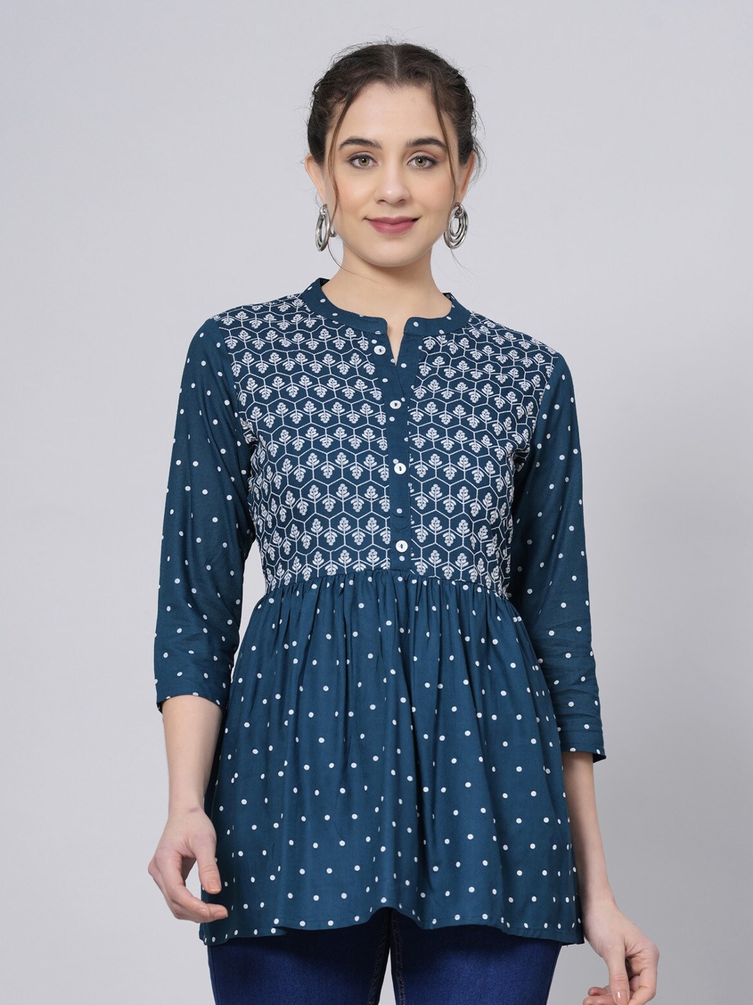 

PREKSHA Polka Dots Printed Mandarin Collar Ethnic Shirt Style Top, Teal