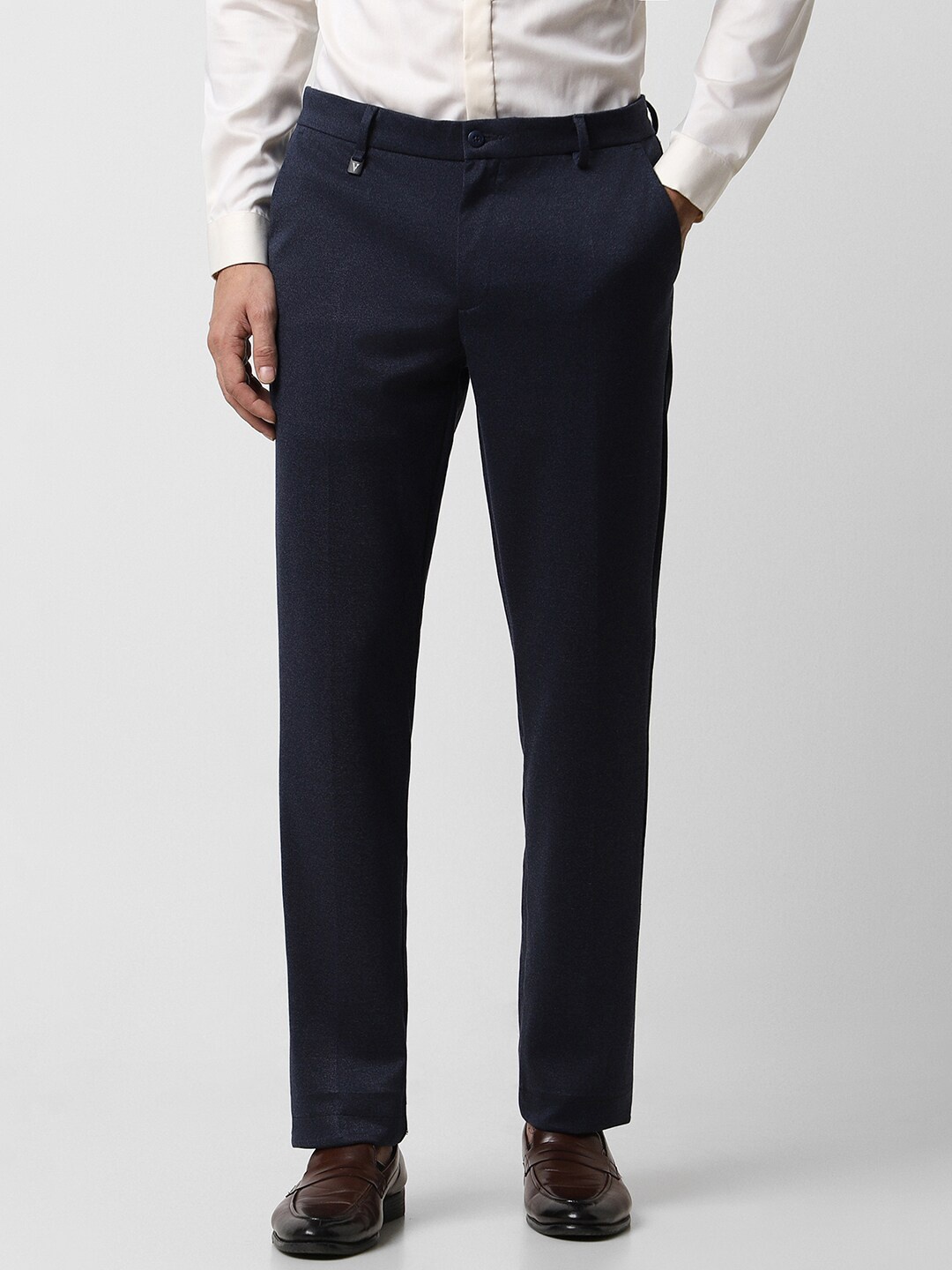 

V Dot Men Mid Rise Skinny Fit Cotton Formal Trousers, Navy blue