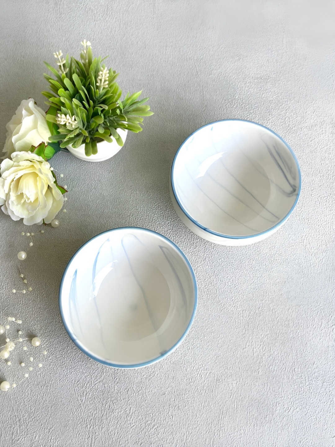 

House of Objects White & Blue Porcelain 2 Pieces Microwave Safe Serving Bowl