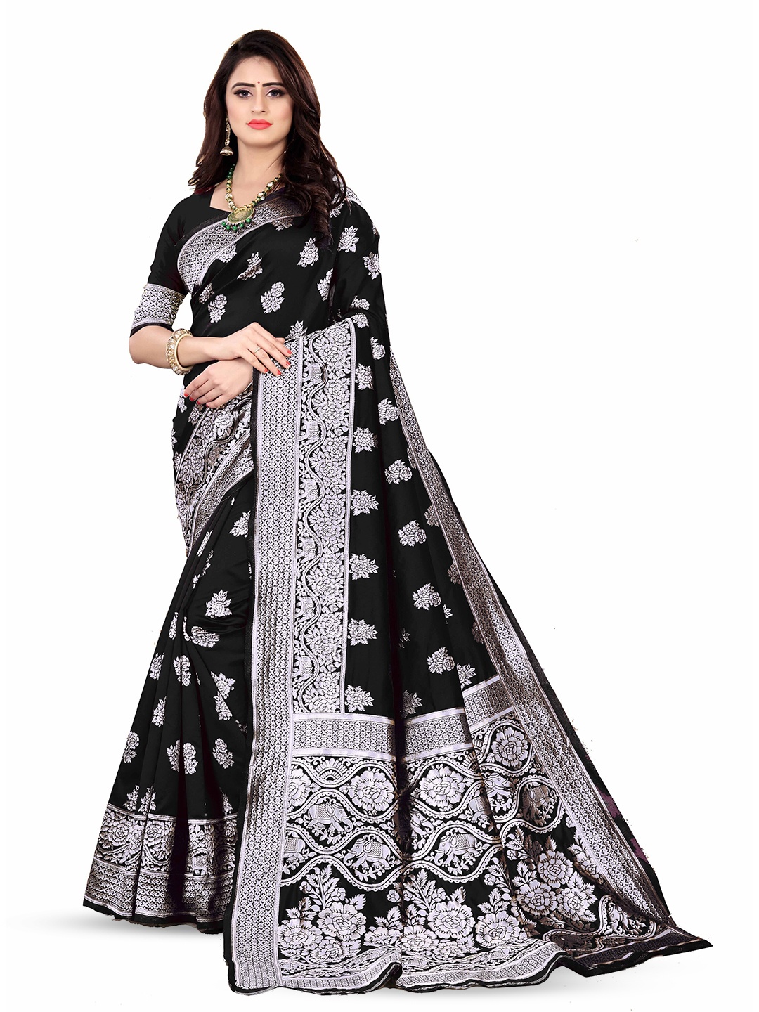 

ARYANARI Ethnic Motifs Woven Design Zari Banarasi Saree, Black