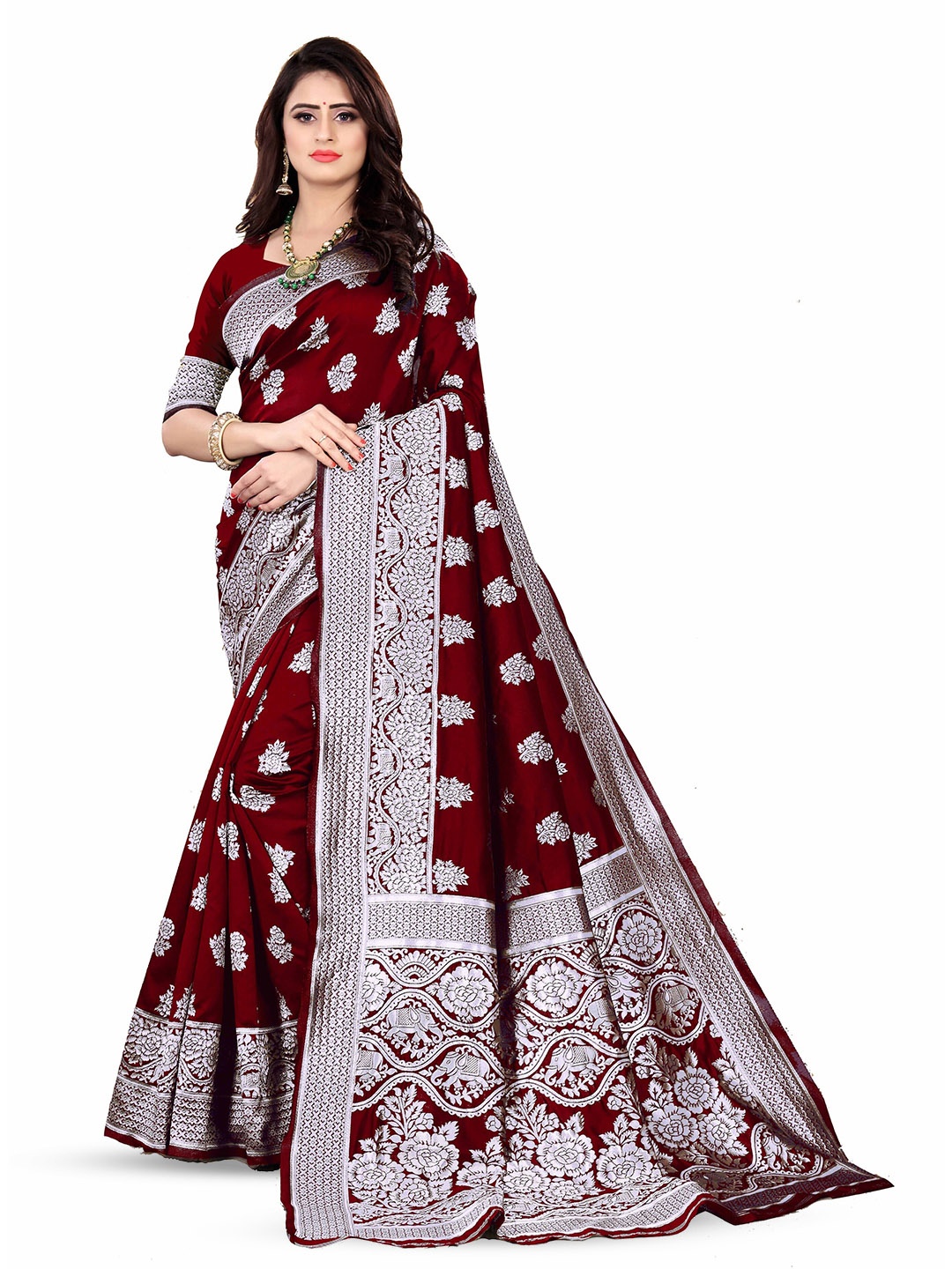 

ARYANARI Ethnic Motifs Woven Design Zari Banarasi Saree, Maroon