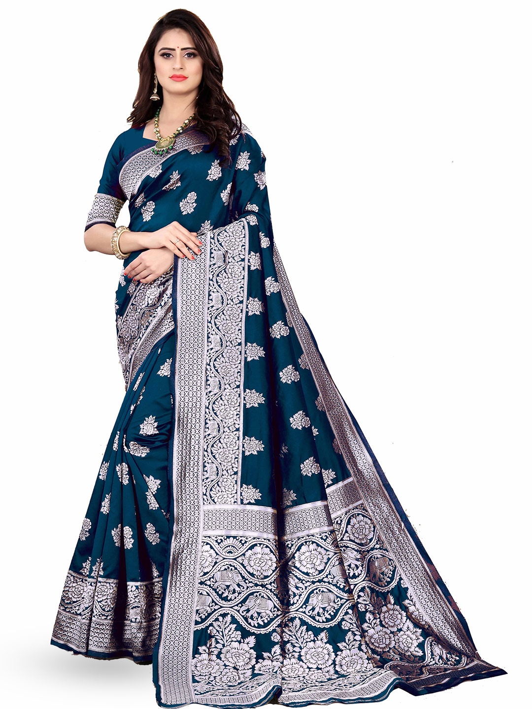 

ARYANARI Ethnic Motifs Woven Design Zari Banarasi Saree, Blue