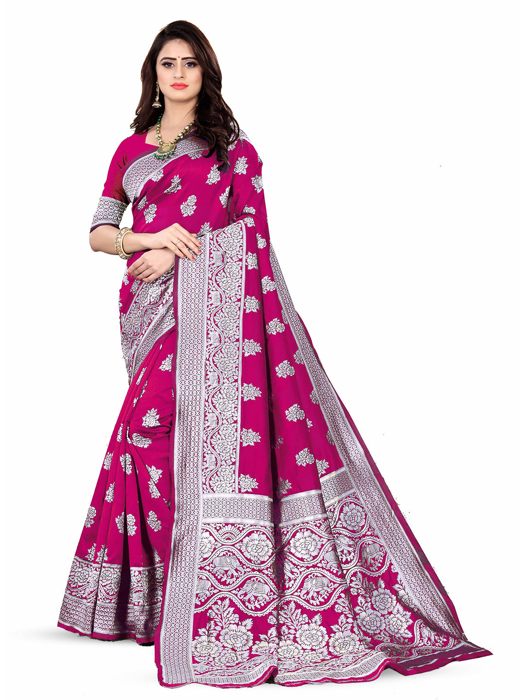 

ARYANARI Ethnic Motifs Woven Design Zari Banarasi Saree, Pink